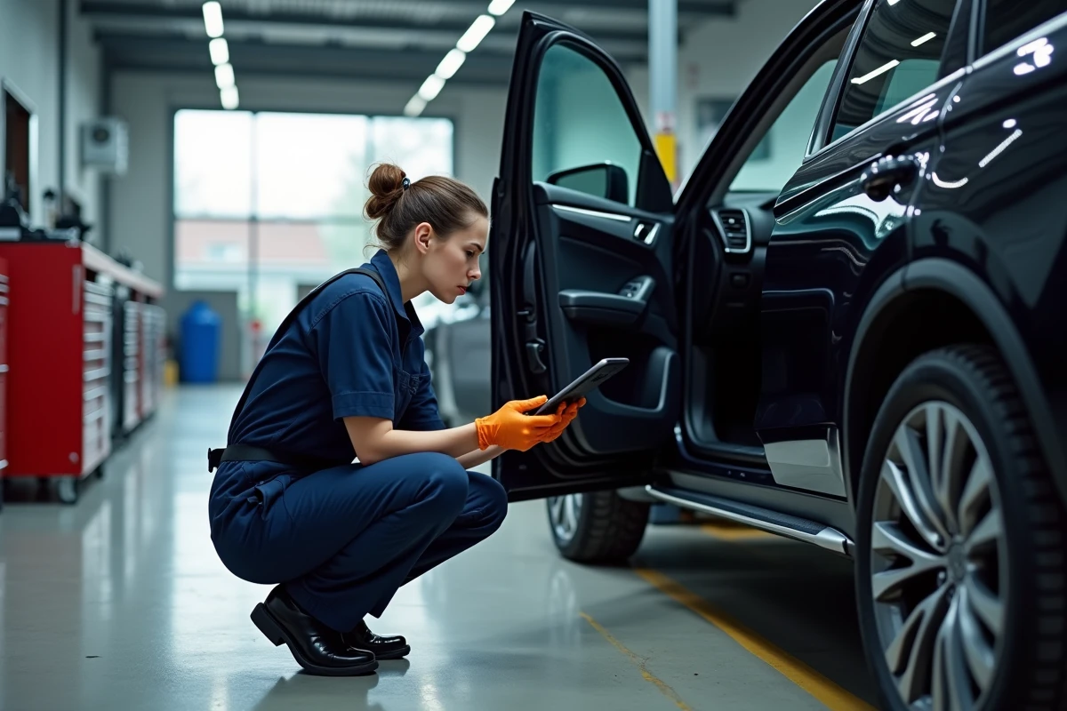 Technicienne automobile inspectant un SUV avec une tablette de diagnostic dans un garage professionnel