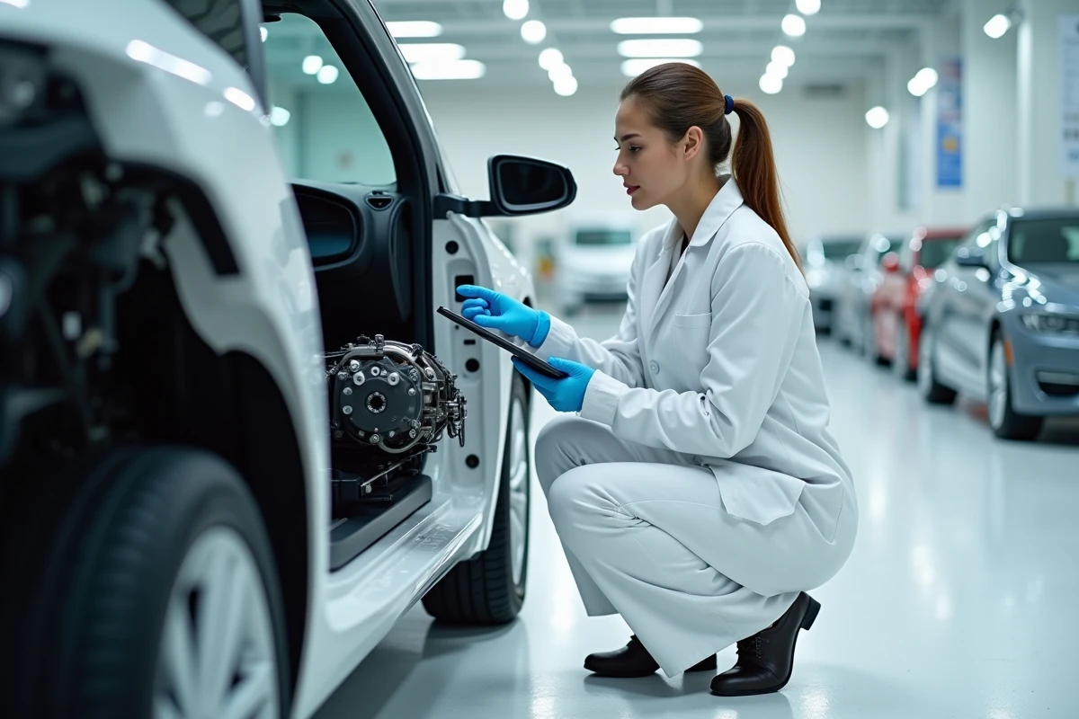 Technicienne inspectant le moteur électrique intégré d'un véhicule dans un centre d'essais automobile