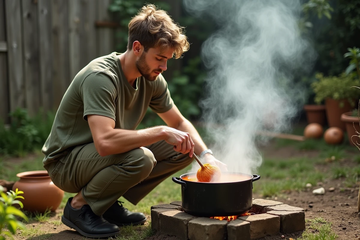 Jeune homme préparant une teinture naturelle à base de pelures d'oignon sur un feu extérieur dans un jardin sauvage