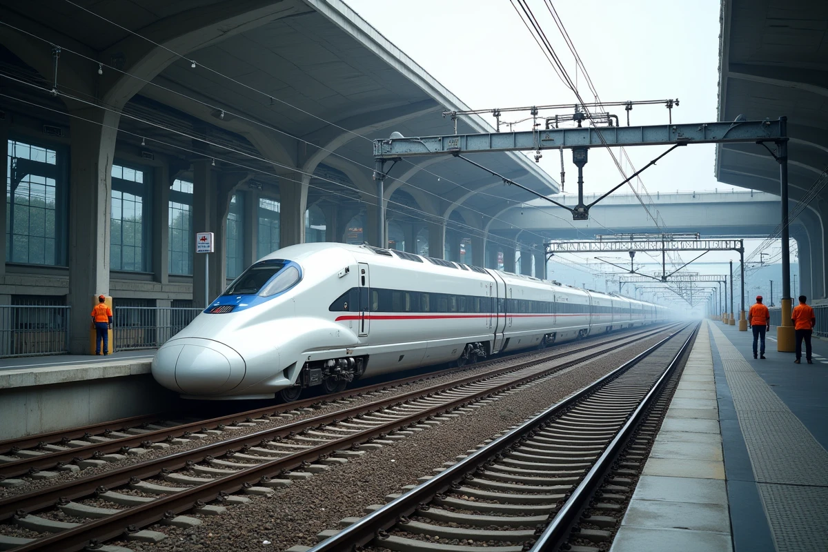 Train à grande vitesse chinois dans une gare ferroviaire moderne avec plusieurs voies parallèles