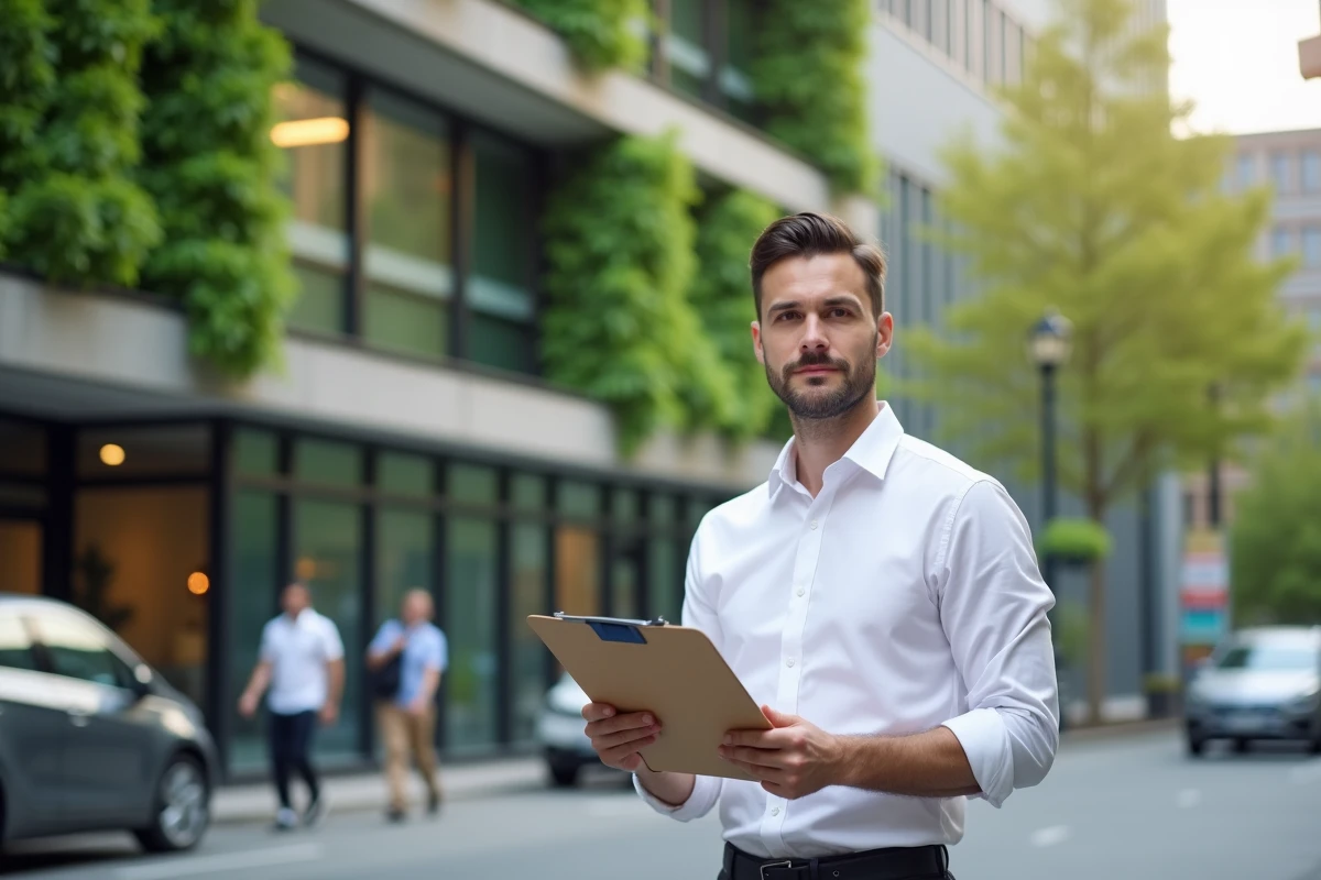 Urbaniste devant un bâtiment écologique avec panneaux végétaux illustrant le pilier environnemental de l'ESG