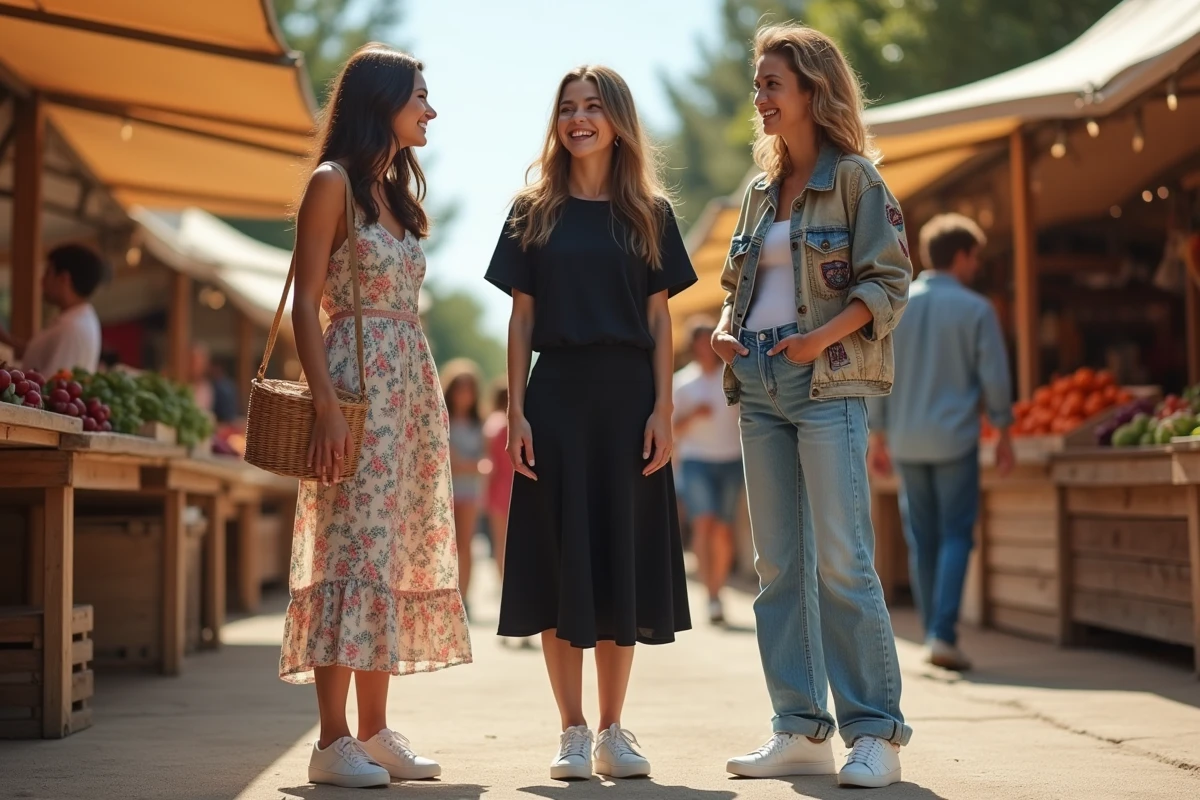 Trois amis aux styles vestimentaires contrastés dans un marché en plein air, illustrant comment chaque tenue reflète une personnalité unique et distincte