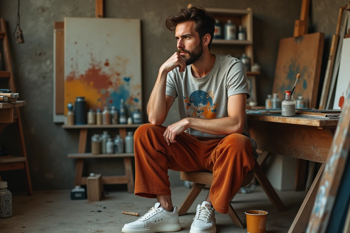 Homme créatif en tenue bohème dans un atelier d'artiste, montrant comment le style vestimentaire dévoile une personnalité artistique et indépendante