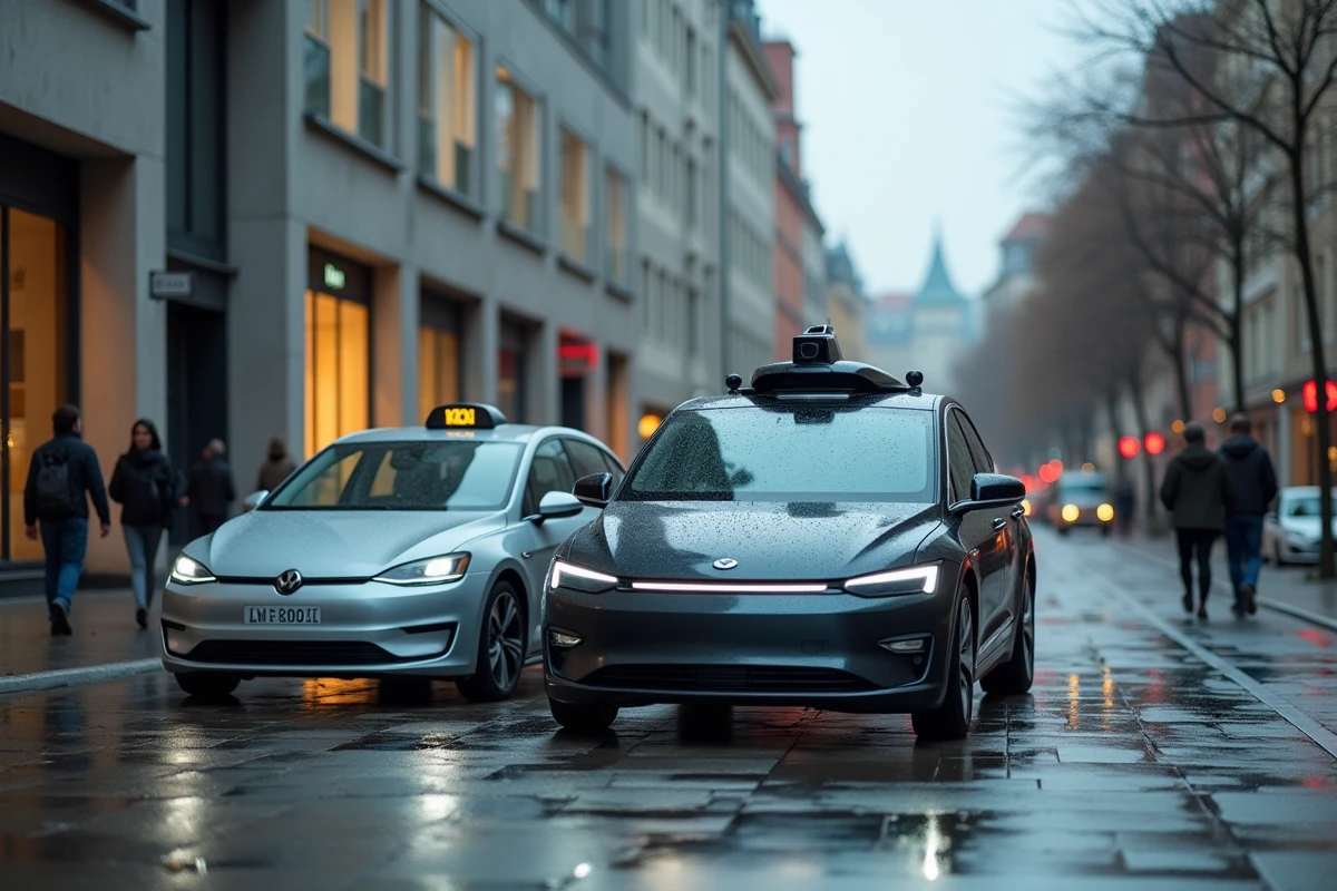 Voiture autonome et taxi traditionnel côte à côte dans une rue urbaine moderne