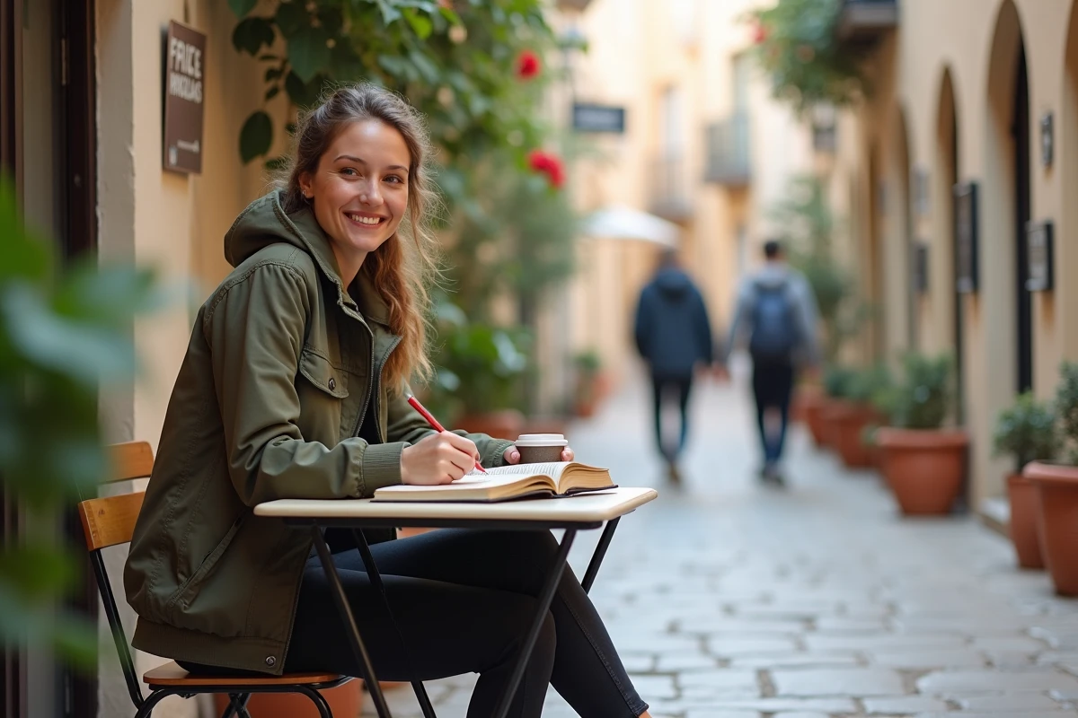 Jeune femme seule attablée dans une ruelle méditerranéenne, écrivant dans un journal de voyage lors d'un séjour en solo