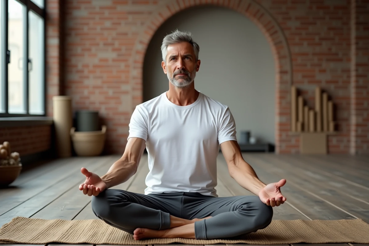Homme en position du lotus dans un studio de yoga minimaliste, évoquant la pratique du yoga reconnue par les célébrités