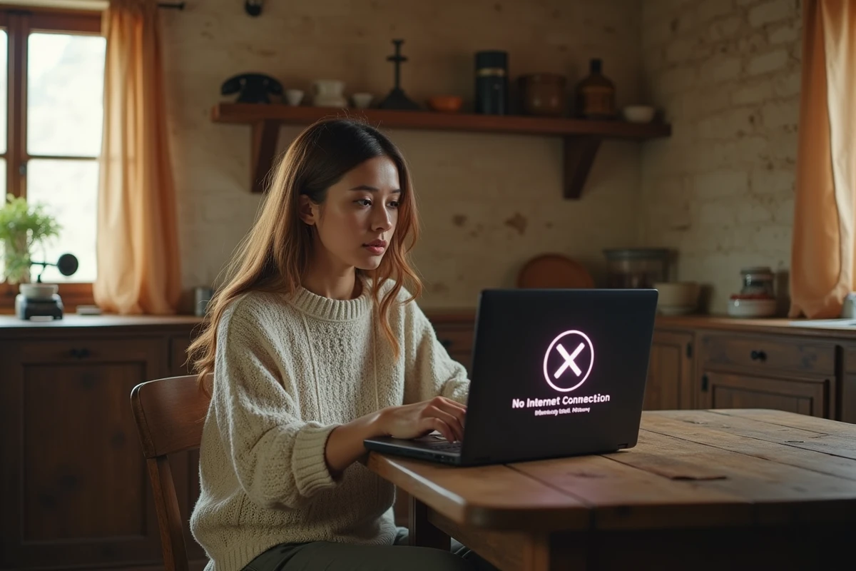 Femme en intérieur rural face à un écran d'ordinateur sans connexion Internet en zone blanche