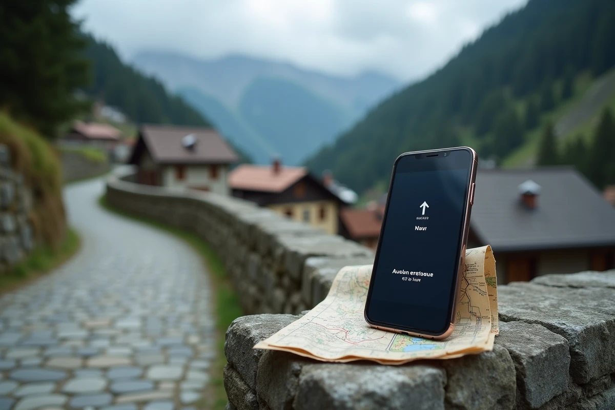 Téléphone sans réseau posé sur un mur en pierre dans un village de montagne isolé en zone blanche